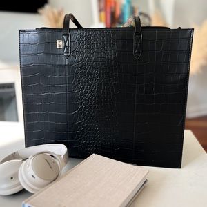 BEIS Large Work Tote in Black Croc Embossed Vegan Leather